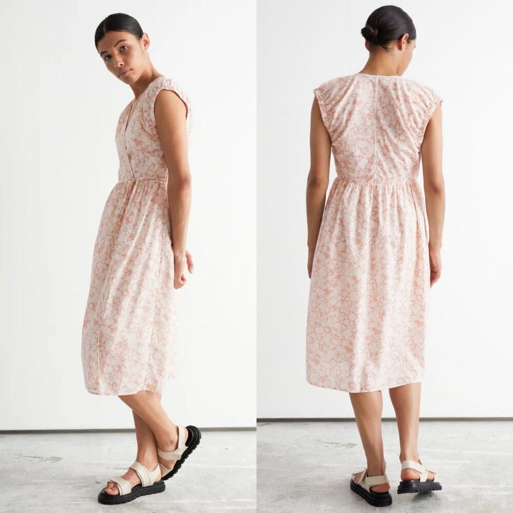 & Other Stories Printed Floral Cap Sleeve Wrap Midi Dress Pink/White Size US 2